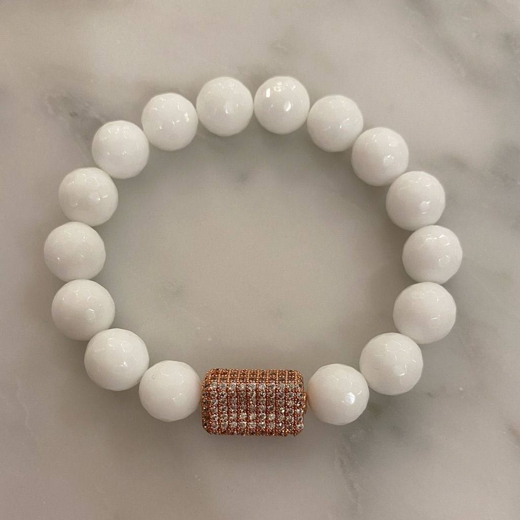 White Jade Rose Gold Rhinestone Bracelet Beaded Stretchy